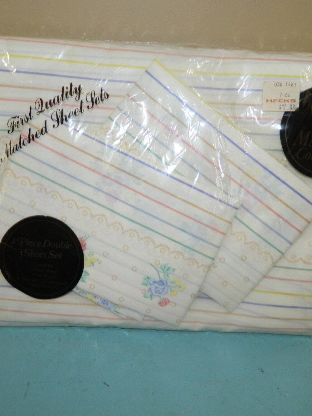 Vintage Madison Collection Floral Stripes Double/Full 4pc Bed Sheet Set NOS